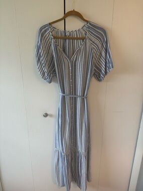 Light Blue Stripe Button-Front Midi Dress with Belt
